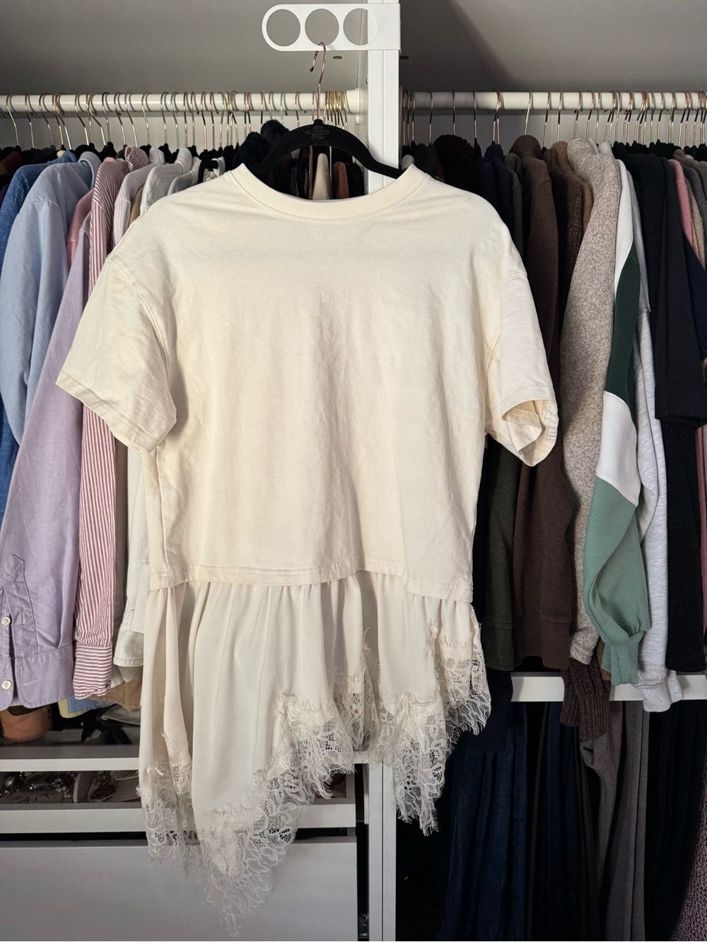 Zara Cream Short Sleeve Top with Lace Hem
